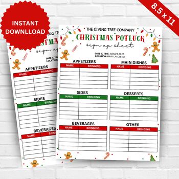 Christmas Potluck Sign Up Sheet EDITABLE | Holiday Potluck Sign Up PDF ...