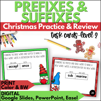 Preview of Christmas Prefixes & Suffixes Task Cards - December Vocabulary Review Activity 2