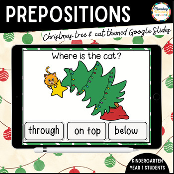 Preview of Christmas Prepositions - Positional Vocabularly Christmas Tree & Cat Theme