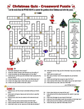 Preview of Christmas Quiz - Crossword Puzzle (Question Words, Definitions)