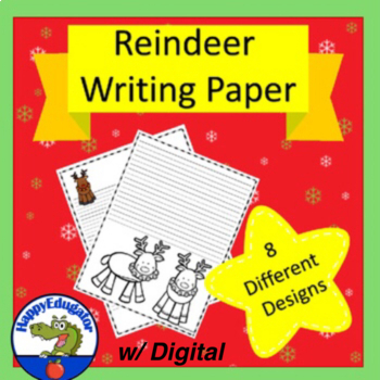 Preview of Christmas REINDEER Writing Lined Paper Reindeer Theme Easel Digital and Print