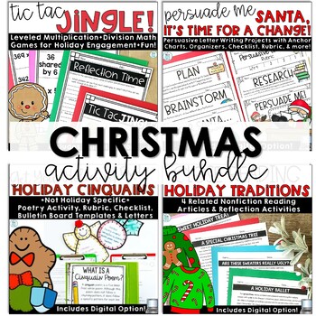 Preview of Christmas Reading Comprehension Passages Writing Activities Math Games