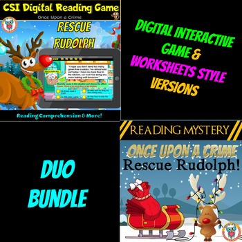 Preview of Christmas Reading Mystery Duo Bundle Worksheets & Digital Game Rescue Rudolph