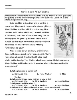 christmas reading worksheet w 5 multiple choice questions on story