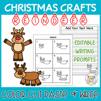 Christmas Reindeer One Page Craft - Color Cut Paste Editable Writing Papers