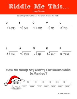 christmas long division math riddles by snyder classroom tpt