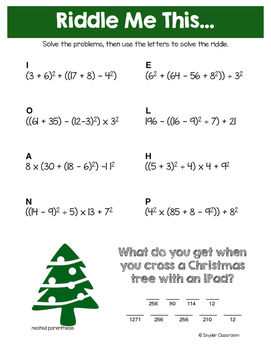 Order Of Operations Christmas Math Riddles By Snyder Classroom Tpt