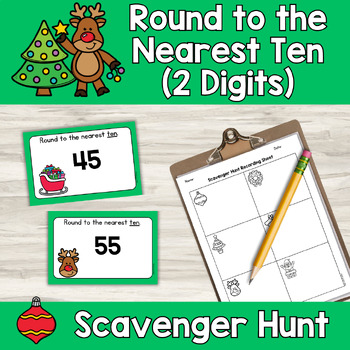 Preview of Christmas Rounding to the Nearest Ten Task Card Write the Room Scavenger Hunt