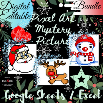 Preview of Christmas Santa, Rudolph Reindeer, Snowman Math Pixel Art Mystery EDITABLE