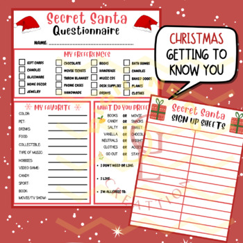 Preview of Christmas Secret Santa Gift Exchange Questionnaire Sign Up all about me activity