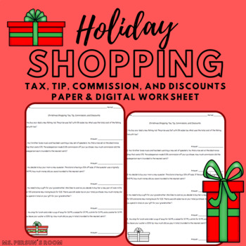 Preview of Christmas Shopping Worksheet: Percents - Tax, Tip, Commission, and Discounts