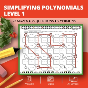 Preview of Christmas: Simplifying Polynomials Level 1 Maze Activity