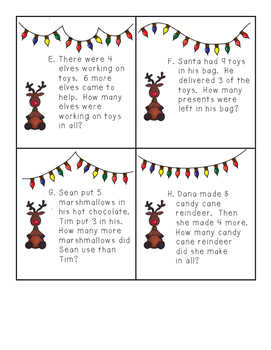Christmas Single-Digit Addition and Subtraction Word Problem Task Cards