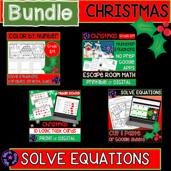 Preview of Christmas Solve Equations Activity BUNDLE Digital and Worksheets