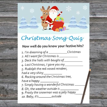 Christmas Song Trivia Game Printable,Santa and reindeer Christmas Activity