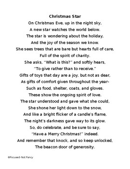 Christmas Star Poem by Focused- Not Fancy  TPT