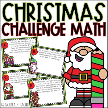 Preview of Christmas Math Challenge Task Cards | Story Problems for 2nd or 3rd Grade
