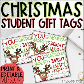 Preview of Editable Christmas Gift Tags for Students for Holiday Party with Reindeer