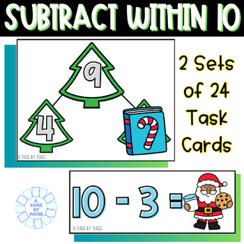 Preview of Christmas Subtract to 10 Task Cards - Subtraction Task Cards for Facts to 10