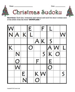 Christmas Sudoku For Kids 9x9 Puzzles By Lesson Lady Tpt