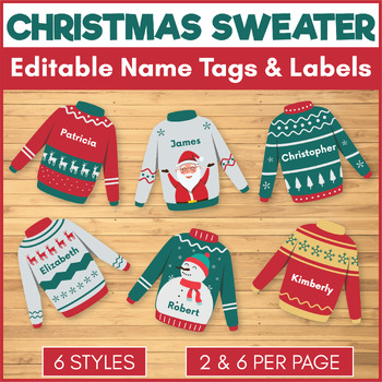 Preview of Christmas Sweater Editable Name Tags & Labels - Winter Classroom Decor