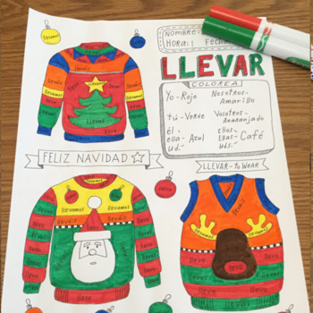 Preview of Christmas Sweater Navidad Llevar Color by conjugation Spanish verbs no prep