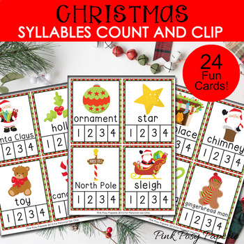 Preview of Christmas Syllables Count and Clip Cards - Literacy Center
