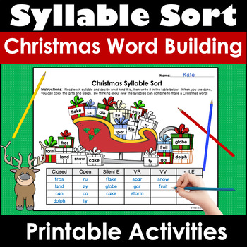 Preview of Christmas Syllables Worksheets Sorting Word Building Activity | Orton-Gillingham