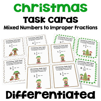 Preview of Christmas Converting Mixed Numbers to Improper Fractions Task Cards