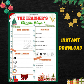 Preview of Christmas Teacher Favorites Survey,All About My Teacher Printable Worksheet
