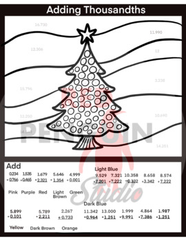 Preview of Adding Thousandths Colour by Number Page - decorative tree