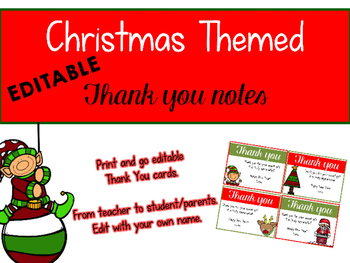 Preview of Christmas Themed Editable Thank You Notes Freebie