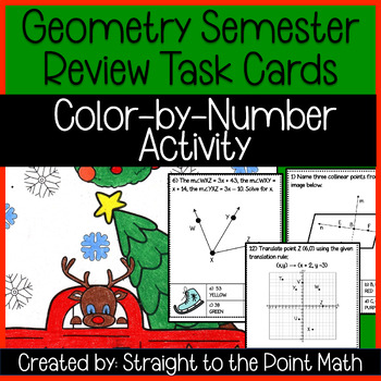 Preview of Christmas | Winter | Geometry Semester Review | Task Cards | Color by Number