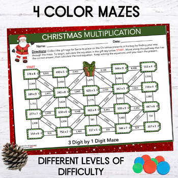 Christmas Math Mazes 3 Digit by 1 Digit Multiplication Practice | TPT