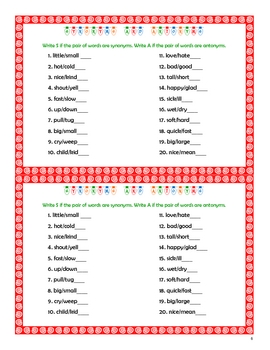 Christmas Themed Synonyms & Antonyms File Folder Activity & Worksheets
