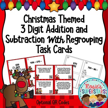 Preview of Christmas Three Digit Addition and Subtraction with Regrouping Task Cards
