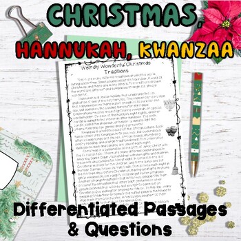 Preview of Christmas Hannukah Kwanzaa Traditions Reading Comprehension | Differentiated