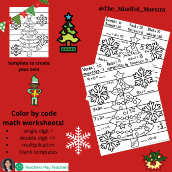 Preview of Christmas Tree Color by Code Math Worksheets K-8th (English & Spanish)