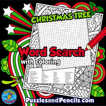 Preview of Christmas Tree Word Search Puzzle Activity Page with Coloring | Holidays