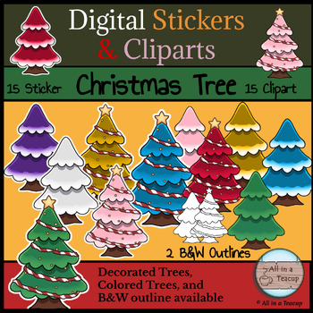 Preview of Christmas Trees Digital Stickers & Cliparts + Digital Sticker Book Mini Set