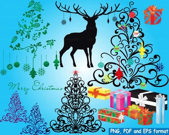 Preview of Christmas Trees deer Clip Art modern xmas reindeer decorations ornaments -153