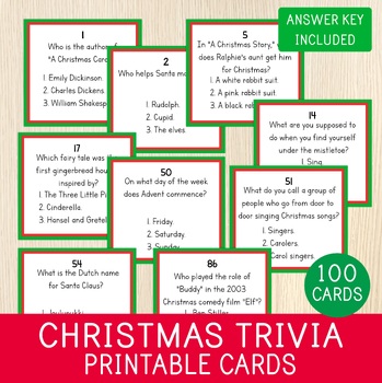 Preview of Christmas Trivia Game, 100 Question Cards, Christmas Party Games, Answer Key