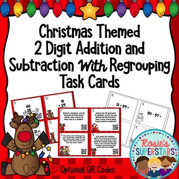 Preview of Christmas Two Digit Addition and Subtraction with Regrouping Task Cards