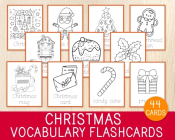 Preview of Christmas Vocabulary Flashcards, 44 Word Cards, Trace & Color Activity, Literacy