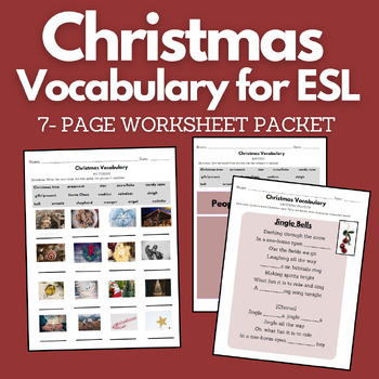 Preview of Christmas Vocabulary Worksheet Packet For ESL Newcomers or Beginning Students