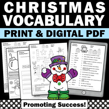 Preview of Christmas ELA Worksheets Word Search Vocabulary Writing Morning Work Sub Plans