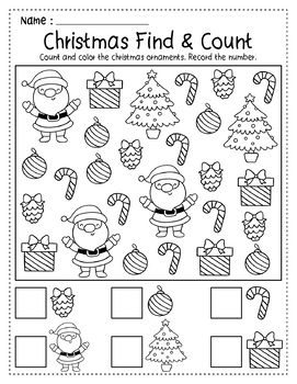 Christmas Winter Find & Count Preschool Math Activities I Spy Worksheets