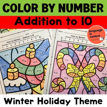 Preview of Christmas Winter Kindergarten First Grade Math Color by Number Addition to 10