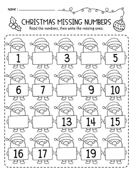 Christmas Winter Missing Numbers 1-20 Preschool Math Activity Worksheets