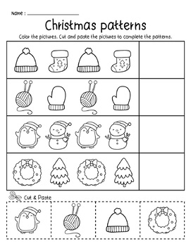 Christmas Winter Patterns Preschool Math Printables Worksheets Cut & Paste